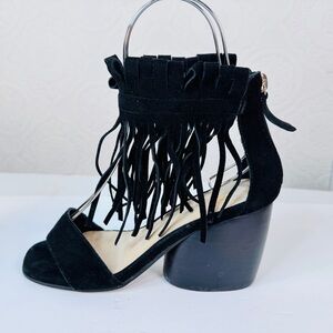 Matiko size 37 sz 7 Black Suede Ankle Fringe Block Heel Sandal Boho MINT!